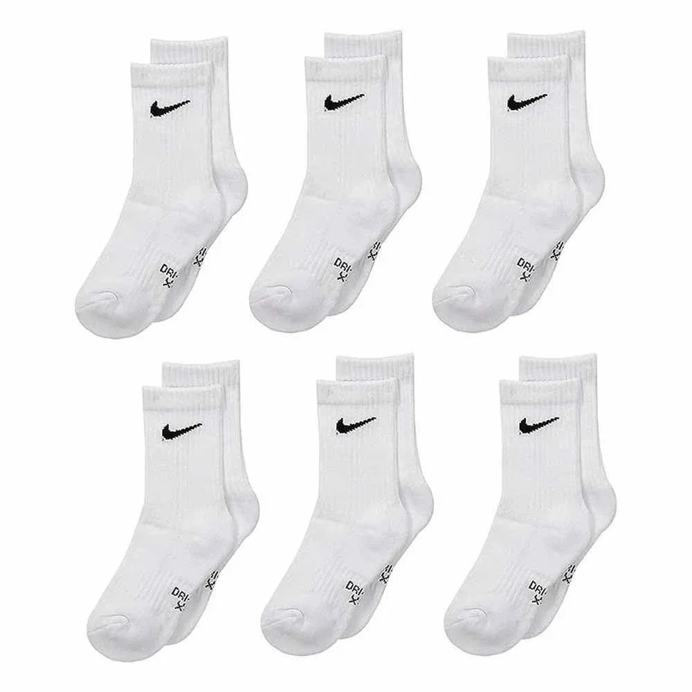 Nike Kids Dri-FIT Crew Socks 6-Pairs White XS Youth (10C-3Y)  NEW